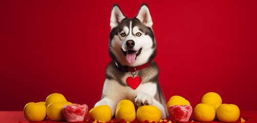 A Siberian Husky dressed in a crimson suit, playing with heart-shaped toys in front of a solid yellow background filled with romantic ambiance.