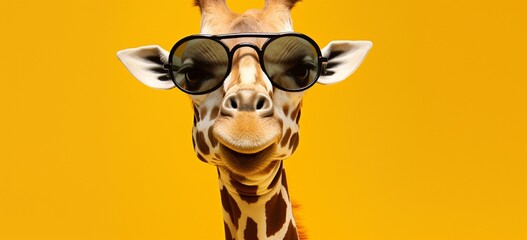 A silly giraffe wearing oversized sunglasses, sticking its tongue out on a solid yellow background. - obrazy, fototapety, plakaty