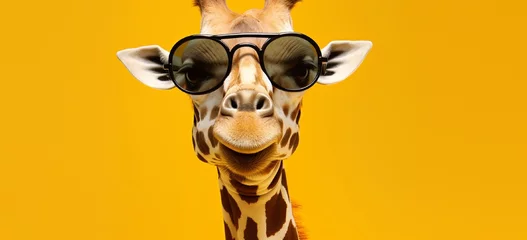 Gordijnen A silly giraffe wearing oversized sunglasses, sticking its tongue out on a solid yellow background. © Shamsher
