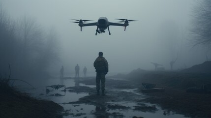 Drone reconnaissance operator soldier in dark forest in fog - obrazy, fototapety, plakaty