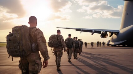 Paratroopers soldiers go to military trasport plane - obrazy, fototapety, plakaty