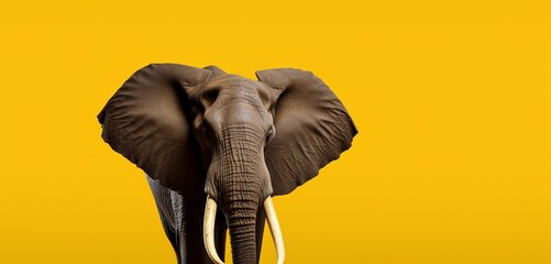 African elephant bull on solid yellow background with copy space.