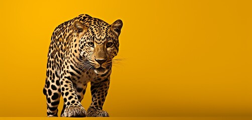Agile leopard on a solid yellow background with copy space.