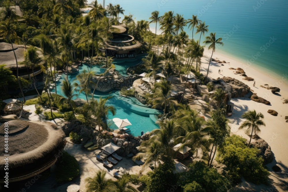 Poster Tropical Beach Resort with a Pool Surrounded by Palm Trees Generative AI