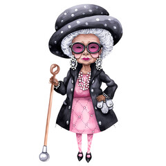 Cute Black Grandma Fashion Watercolor Clipart Illustration