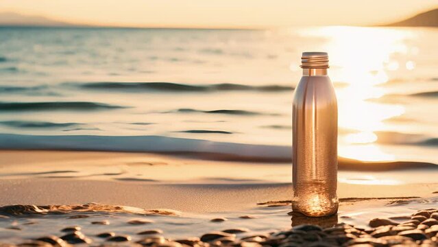 The sunlight reflecting off the water dances across the smooth surface of the metal water bottle, giving it a rous glow in this sea side setting.