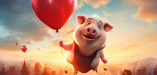 Fototapeten An endearing pig wearing a red suit riding a vintage bicycle with heart-shaped balloons tied to the handlebars against a sunset sky. © Shamsher