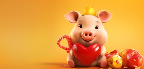 An endearing pig wearing a red suit, sitting next to a heart-shaped pi?+/-ata filled with candies, on a plain yellow backdrop.
