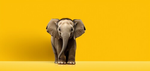 Baby Asian elephant on solid yellow background with copy space.