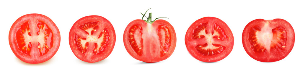 Cut fresh ripe tomatoes isolated on white, set