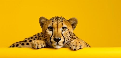 Cheetah lying down on a solid yellow background with copy space.