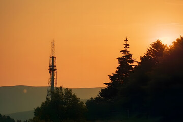 Antenna communication technology with city background. Communication tower connect to data of smart city. Telecommunication 5G. Neural network AI generated art