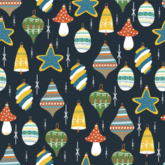 Fototapeta na wymiar Christmas Tree Toy seamless pattern. Xmas Ball Retro. New year hand drawn toys in vintage style. Bauble with ornament. Cartoon doodle kids wallpaper. Childish vector illustration on blue background