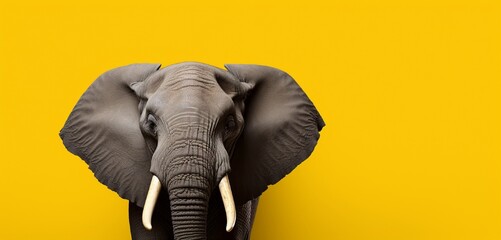 Close-up of African elephant on solid yellow background with copy space.