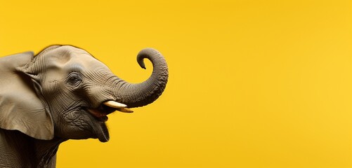 Close-up of Asian elephant on solid yellow background with copy space.
