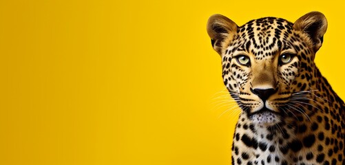 Curious leopard on a solid yellow background with copy space.