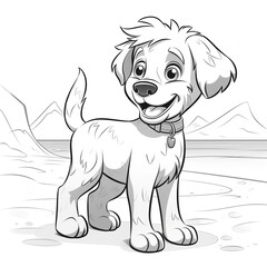 Fototapeta premium Dog on the beach coloring page, Cute dog character for coloring Book. Puppy outline. Cartoon little dog.