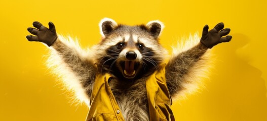 Excited raccoon with a big smile and arms raised in celebration on yellow. - obrazy, fototapety, plakaty