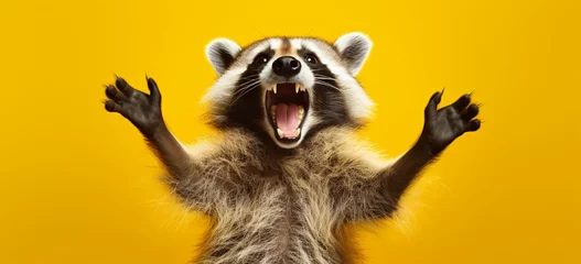 Rolgordijnen Excited raccoon with a big smile and arms raised in celebration on yellow. © Shamsher