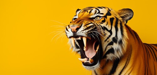 Fierce tiger on a solid yellow background with copy space.