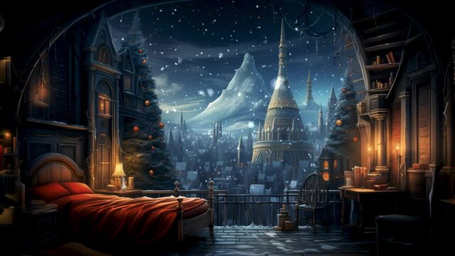 mmerse in a Christmas lo-fi animation, perfect for VTuber and streaming sessions. This captivating backdrop showcases a cozy room with festive lights, opening to a winter wonderland with a majestic sn