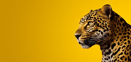 Jaguar on a solid yellow background with copy space.