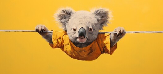Koala hanging upside down with a sign saying 