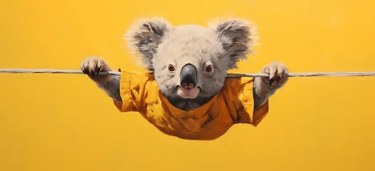 Poster Koala hanging upside down with a sign saying "Just hanging out!" on yellow. © Shamsher