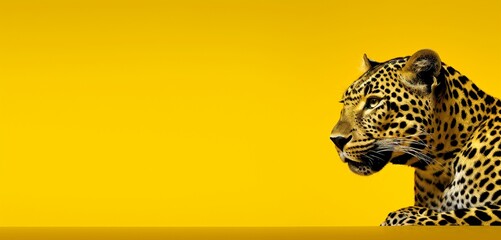 Leopard on a solid yellow background, blending in, with copy space.