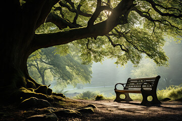 A park bench sitting under a large tree - Powered by Adobe