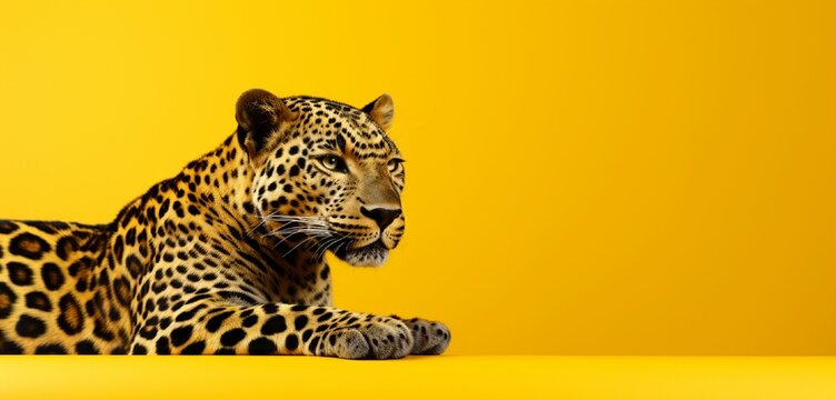 Leopard on a solid yellow background with copy space.