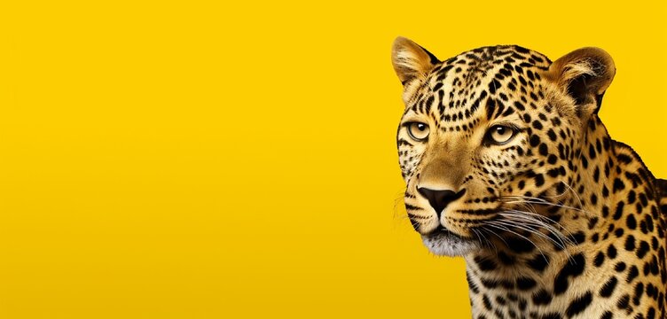 Leopard on a solid yellow background with copy space.