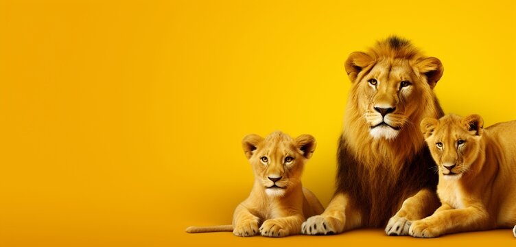 Lion Family On A Solid Yellow Background With Copy Space.