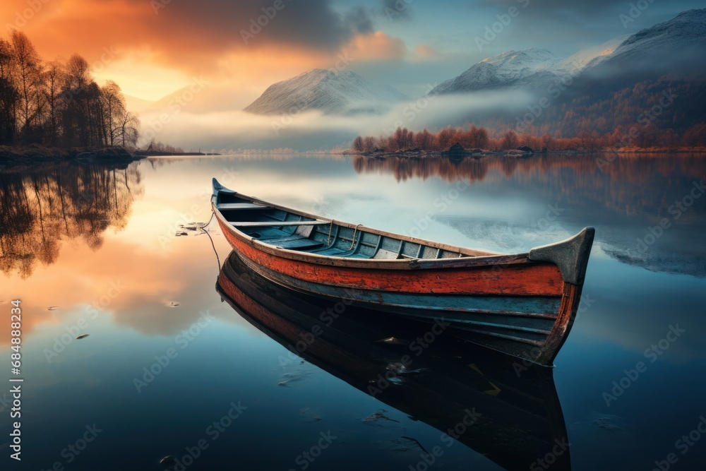 Poster boat floating on tranquil lake under cloudy sky generative ai
