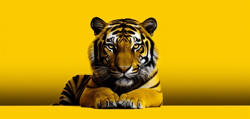 Tiger with intense gaze on a solid yellow background with copy space.
