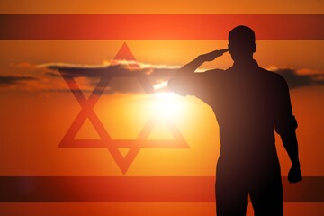 Silhouettes of soldiers on the background Israel flag.