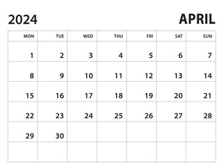 Calendar 2024 template - April 2024 vector on white background, week start on monday, Desk calendar 2024 year, Wall calendar design, corporate planner template, clean style, horizontal template