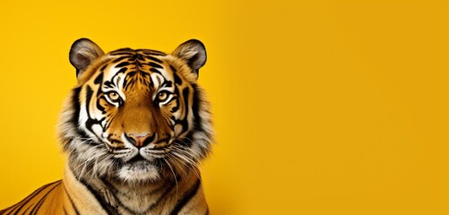 Tiger with intense gaze on a solid yellow background with copy space.