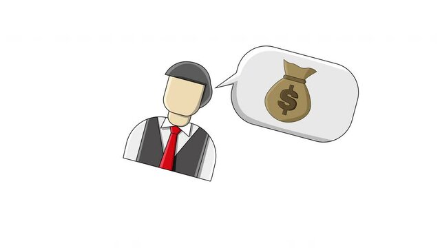 flat design animation of a man thinking about sacks of dollars