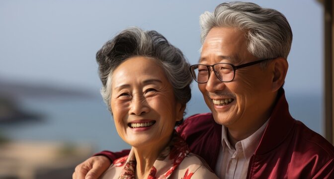 Elderly Asian Couple Smiling for the Camera on a Beach Vacation Generative AI