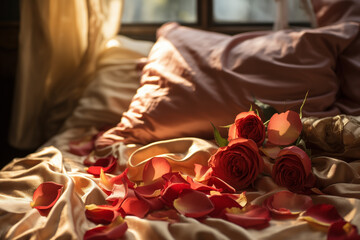 Petals on the Bed for Valentine's Day, Passionate Moments, Rose Petals Scattered on Bed, Setting the Stage for Love in a Beautiful Photograph
