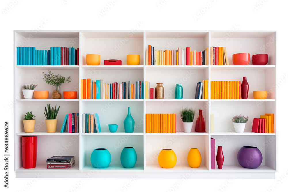 Wall mural white big bookshelf full of colorful objects over isolated transparent background