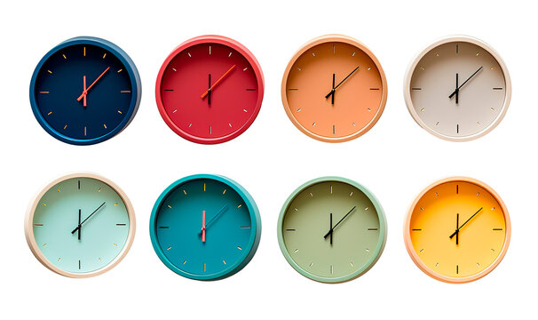 Collage set of colorful wall clocks over isolated transparent background