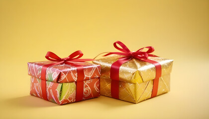 Fototapeta premium Isolated gifts wrapped in colorful wrappers, close-up, yellow background. Christmas day and Valentines day theme. 