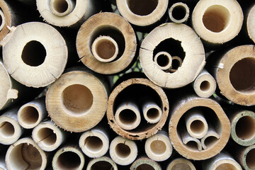 Close up of a wooden bee hotel