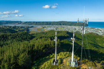 Aerial: Communications Cell Tower on a hill, coromandel, New Zealand