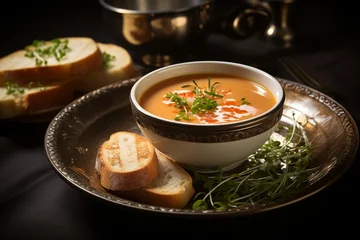 Fotobehang A lobster bisque soup served in a delicate bowl, garnished with a drizzle of sherry and chives, accompanied by bread © evgenia_lo