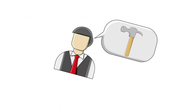 flat design animation of a man thinking about a hammer