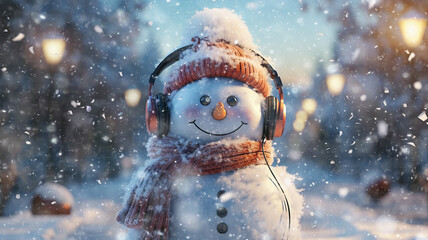 a snowman in musical headphones, listening to a winter melody, a cheerful greeting card for Christmas or new year. - obrazy, fototapety, plakaty