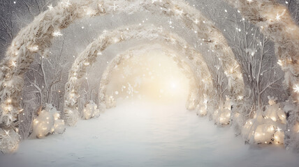 winter background, abstract park decorated alley outside, blurred layout blank copy space, park covered with snow, entrance to the forest, arch - obrazy, fototapety, plakaty